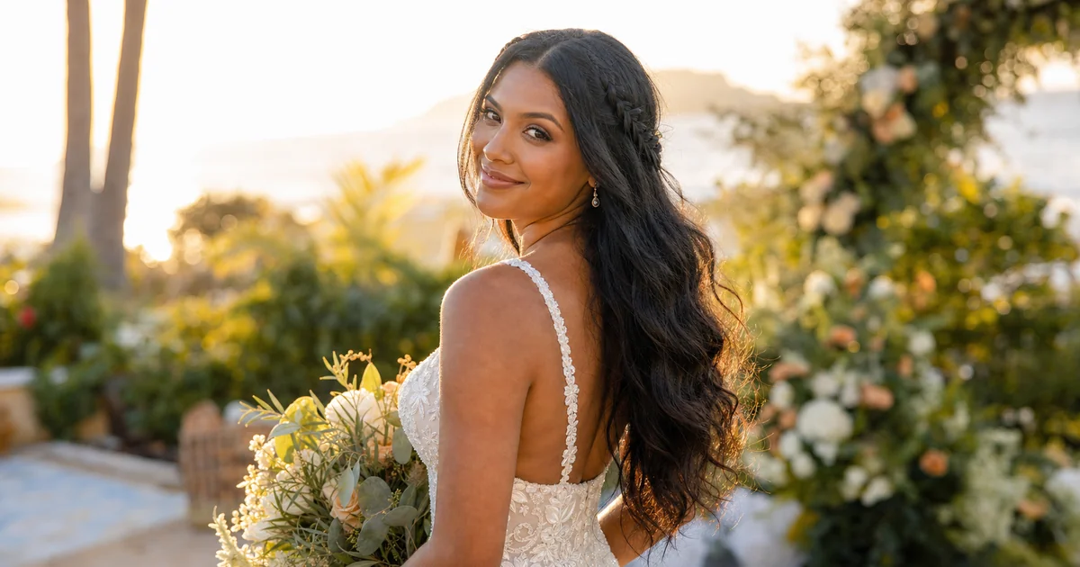 Loose boho waves with temple braids — romantic wedding hairstyle for long hair