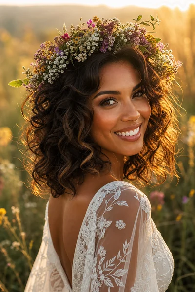 16 Rustic Wedding Hairstyles for Every Hair Length 12 Woman with loose romantic curls and wildflower crown, golden-hour meadow setting