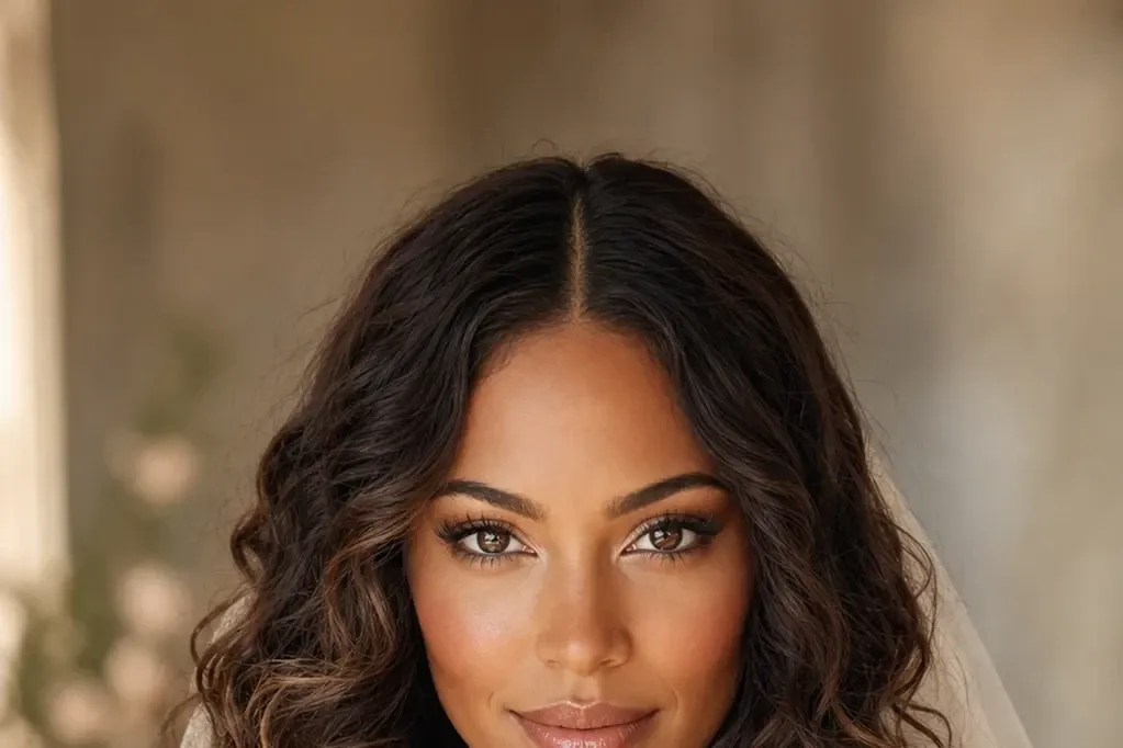 Loose curls with middle part bridal hairstyle for long hair