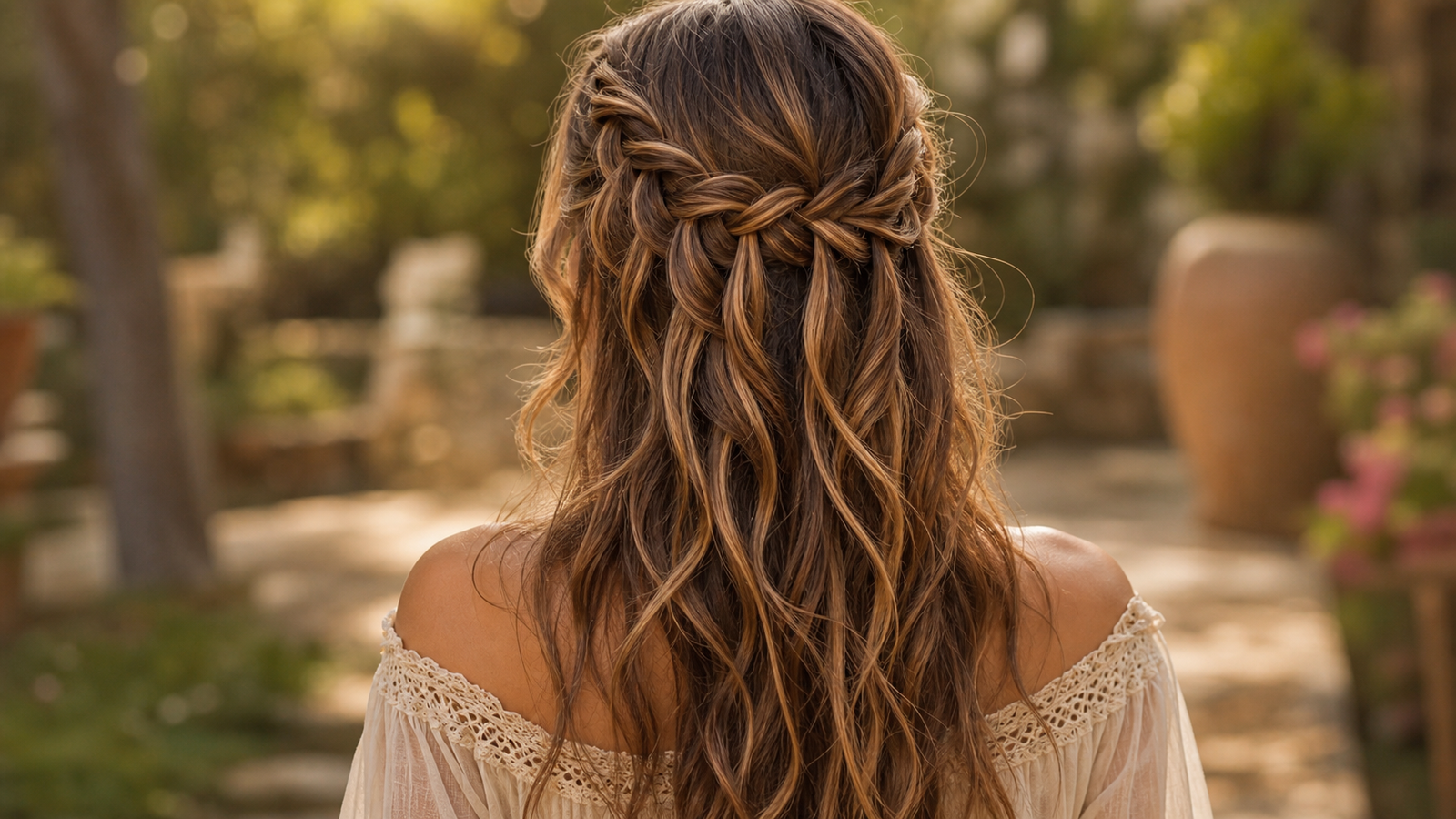 Loose Dutch braid waterfall on long layered hair — cascading festival hairstyle