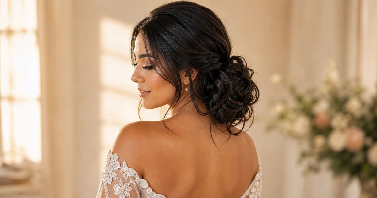 loose textured side bun wedding updo