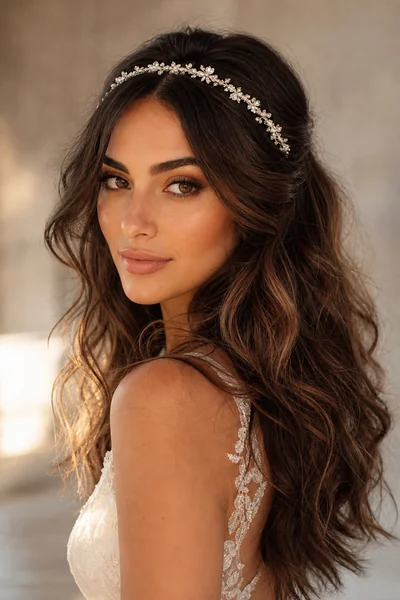 loose bridal waves with delicate crystal headband for romantic wedding hairstyles