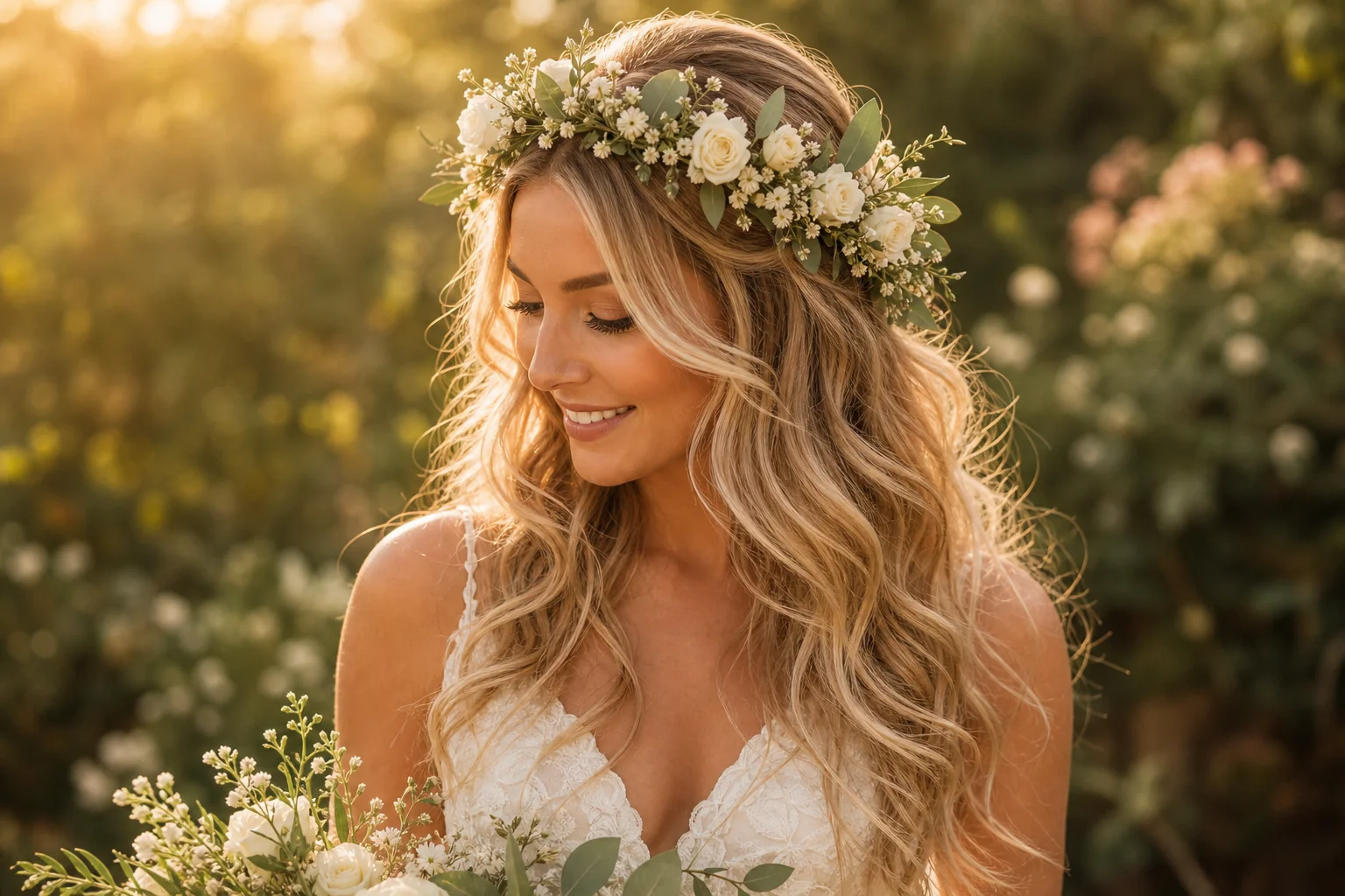 Loose waves bridal hairstyle with fresh flower crown — boho bride style