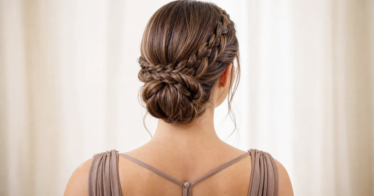 Low braided bun updo for a backless bridesmaid dress.