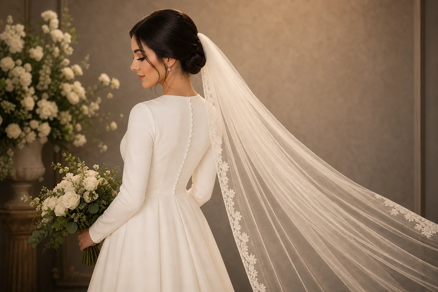 Low bun bridal hairstyle with cathedral veil — formal secure attachment