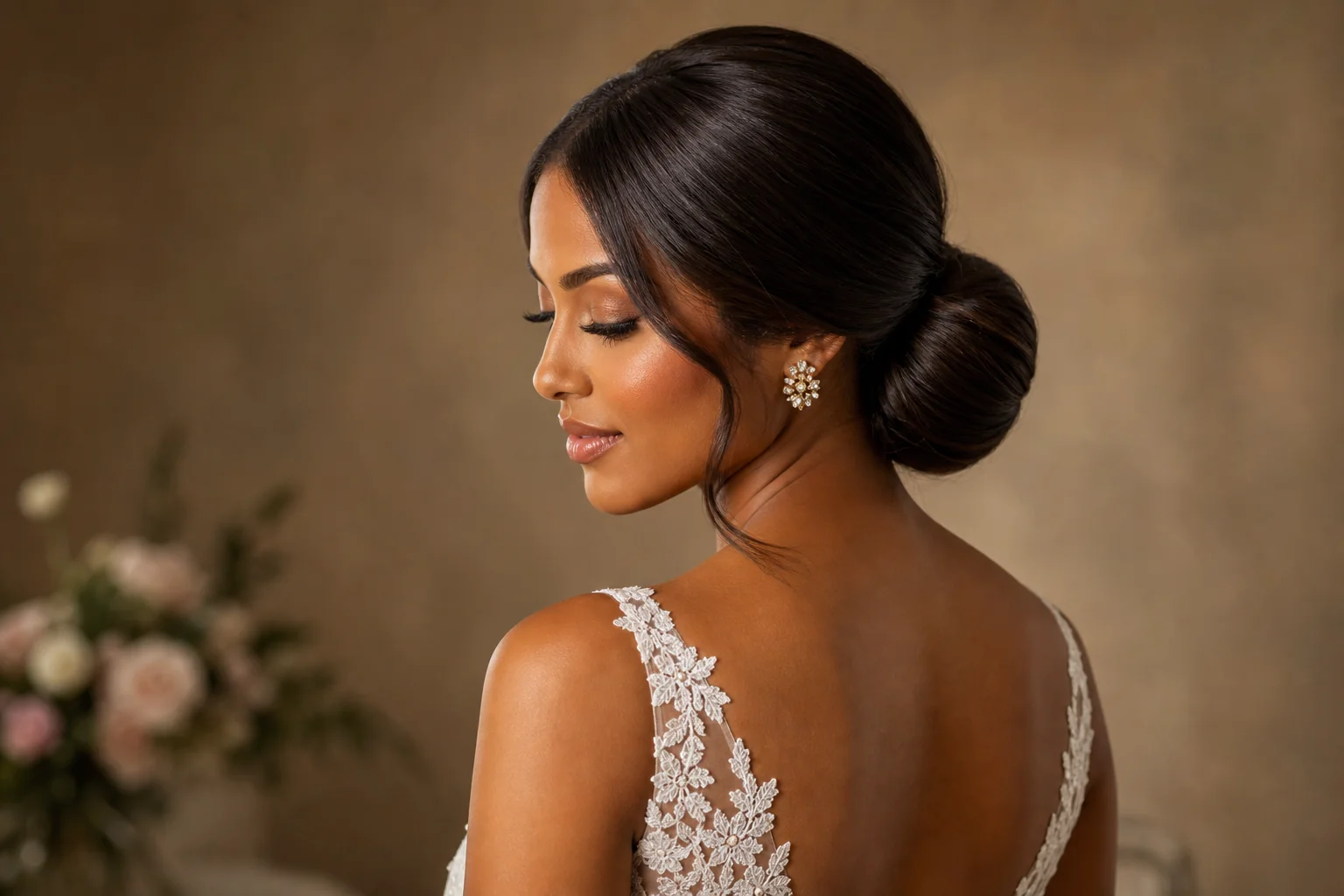 Low bun with sleek finish bridal hairstyle — polished formal option