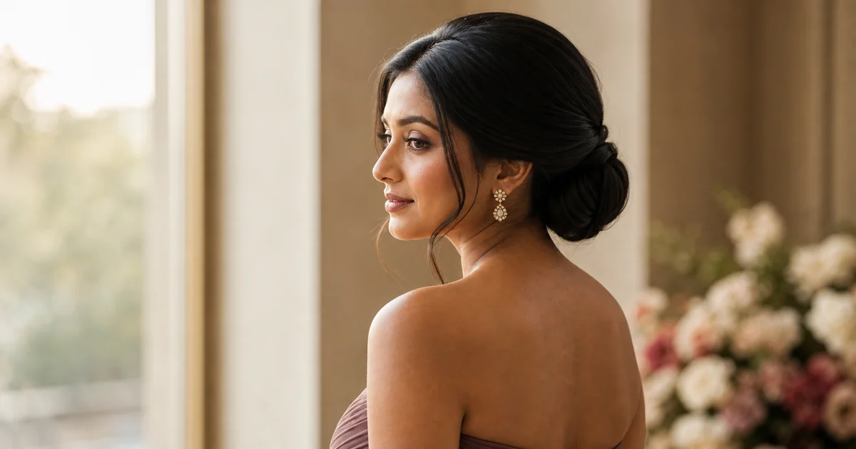 5 Bridesmaid Hairstyles for Strapless and Sweetheart Dresses 3 Low chignon bridesmaid hairstyle showing smooth twisted bun at nape for strapless dress