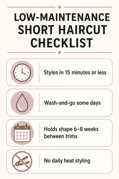 Checklist graphic explaining what makes low maintenance short haircuts for women over 50, covering styling time, trim frequency, and daily upkeep
