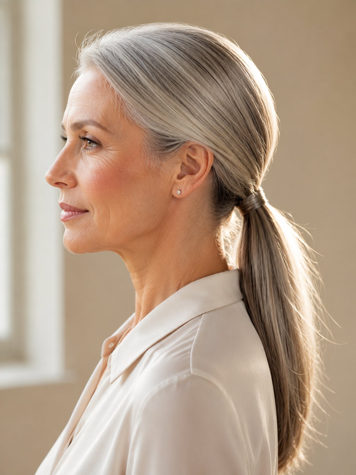 Sleek low ponytail for long straight hair — polished professional work hairstyle