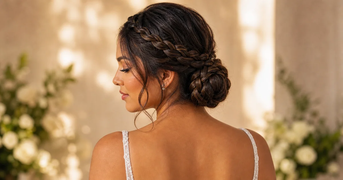 medium-length braided low bun wedding updo
