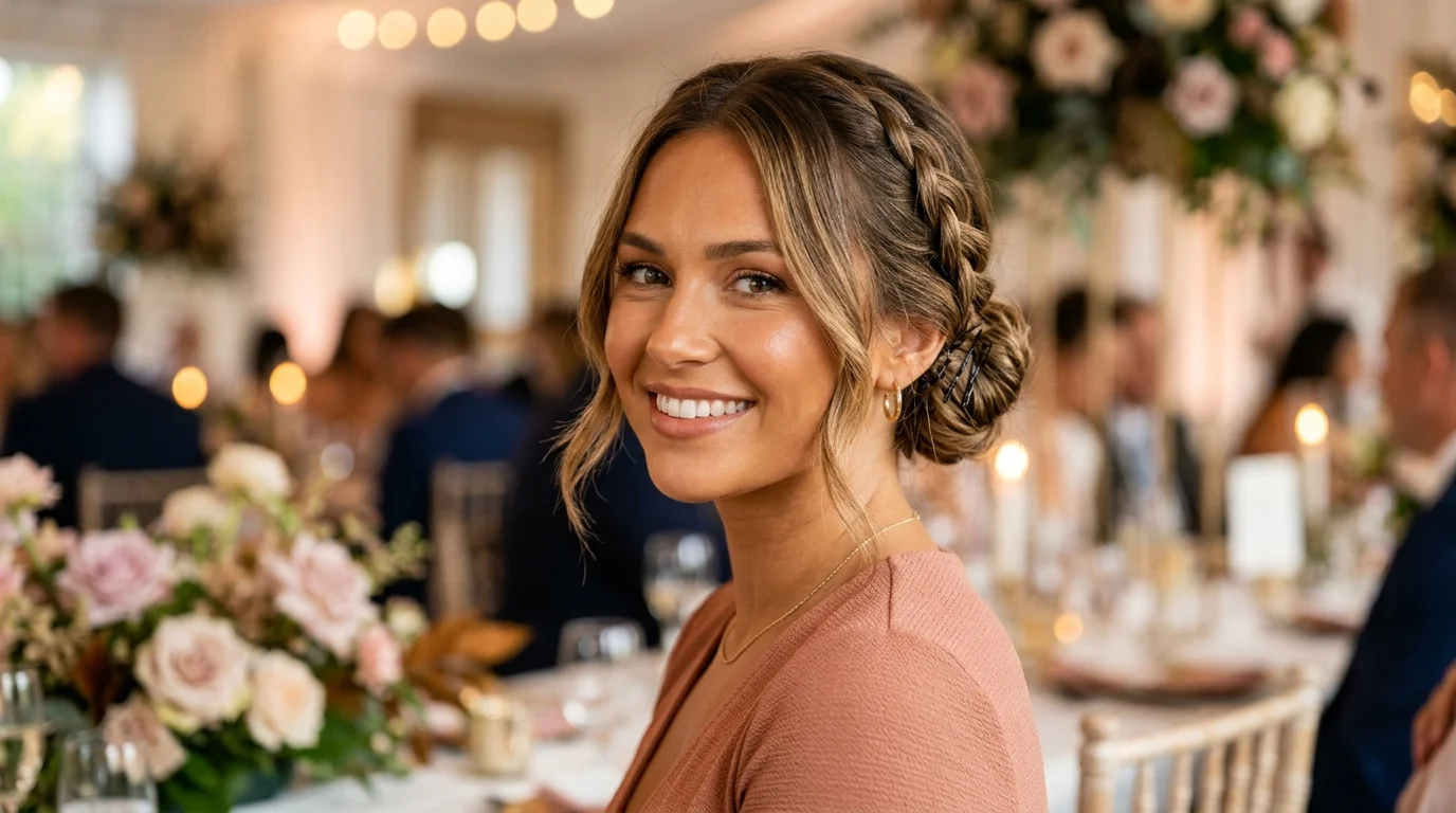 Braided updo for medium-length hair, easy wedding guest hairstyle