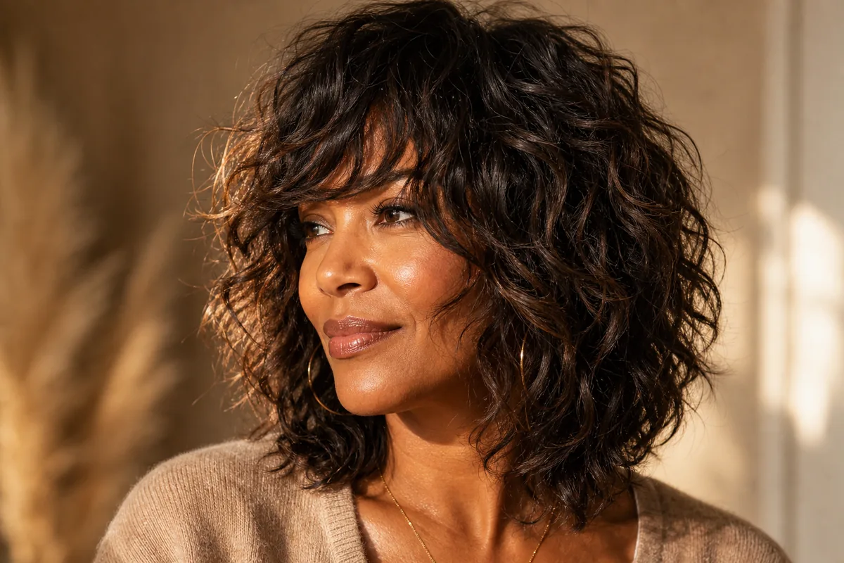 Medium shag with side-swept bangs medium-length haircut for women over 40