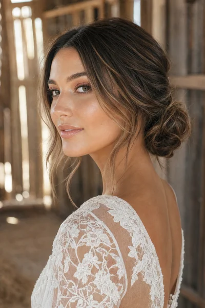 16 Rustic Wedding Hairstyles for Every Hair Length 10 Woman with soft, deliberately undone low bun and loose face-framing pieces, rustic barn interior