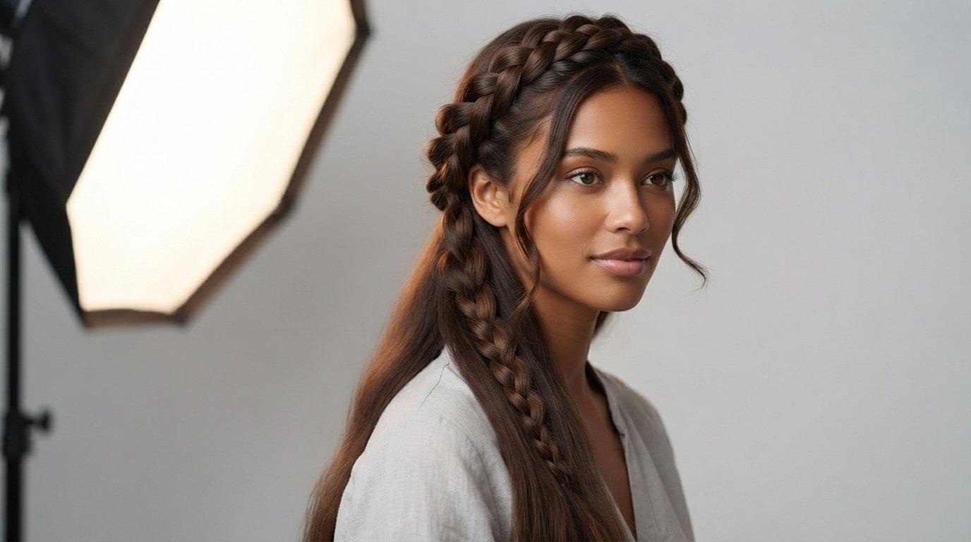 Milkmaid halo braid with two crossed braids on long dark hair