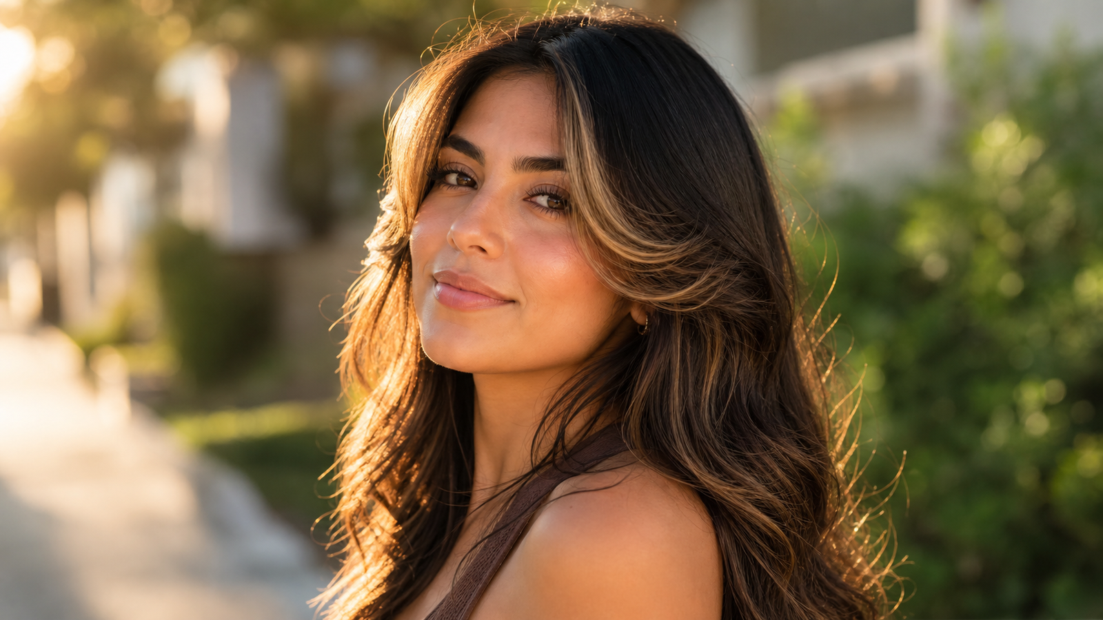 Money-piece short face-framing layers on long hair for brightening effect.