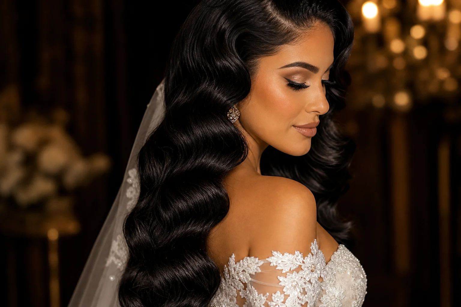 Old Hollywood waves bridal hairstyle — formal glamorous long hair style