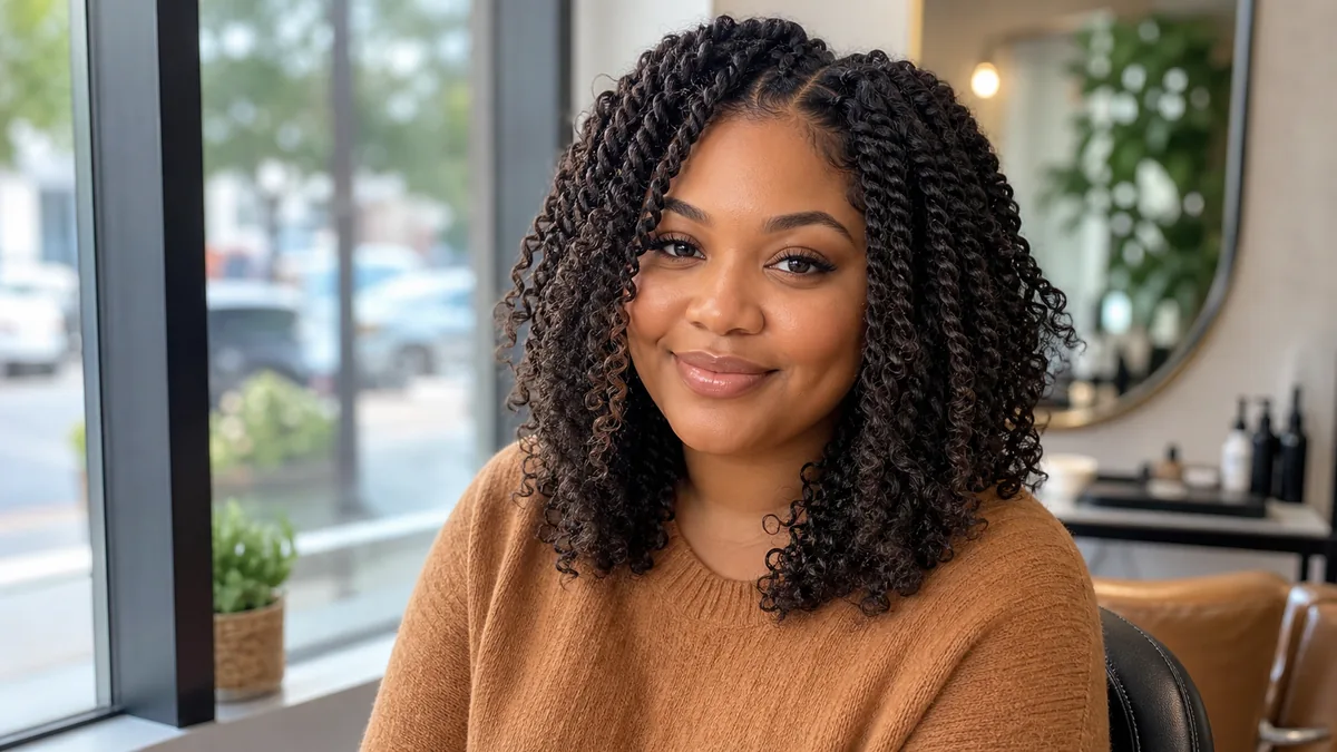 15 Protective Hairstyles for Natural Hair That Promote Growth 9 Passion twists with curly texture framing a round face