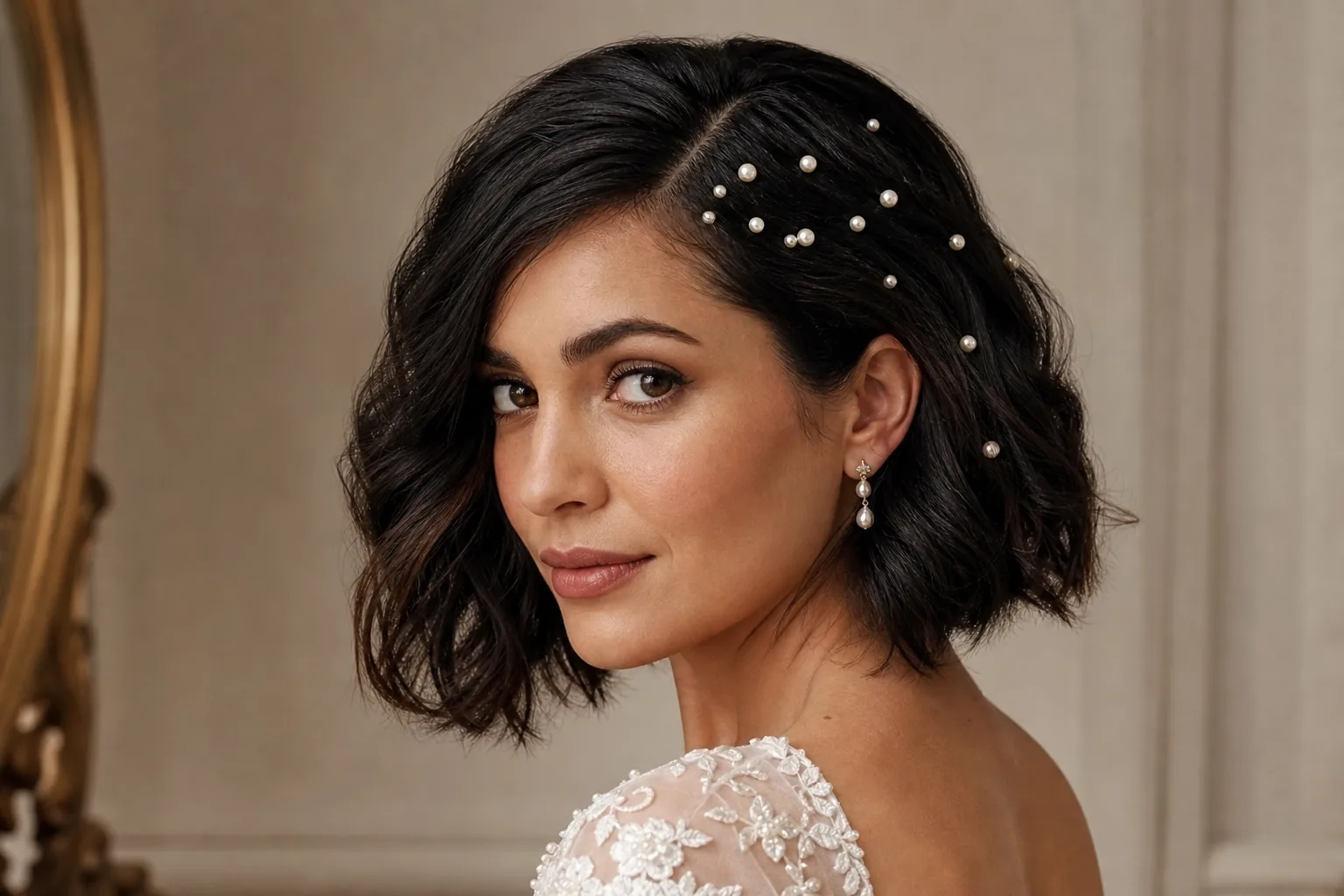 Pearl-pinned bob wedding hairstyle for short hair, vintage styling, pearl pins, soft waves