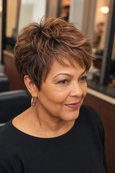 Piecey pixie haircut with strategic root lift at crown — layered texture technique