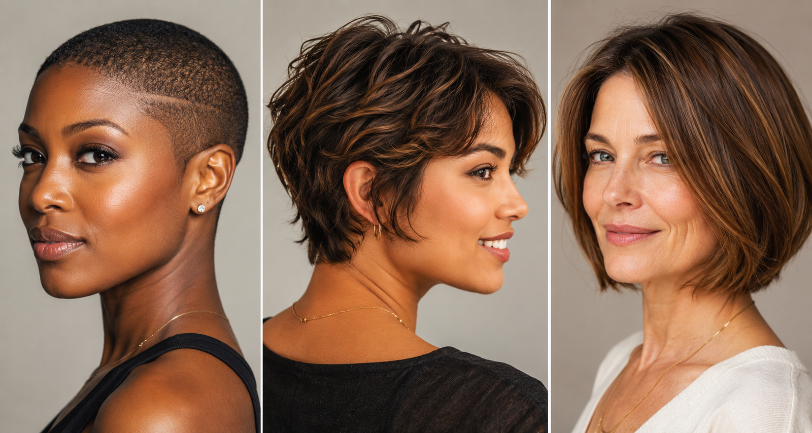 Side-by-side comparison of pixie cut, bixie cut, and bob haircut on three different women