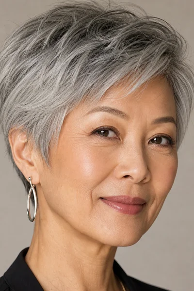 Transitional pixie-bob for gray grow-out women over 50 — short blended cut shortens awkward transition phase