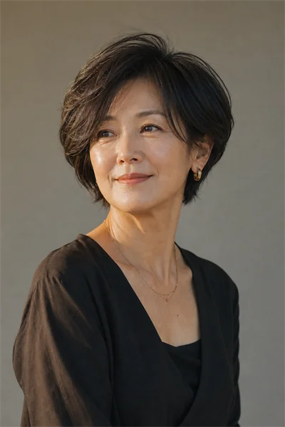25 Flattering Short Layered Haircuts for Women Over 50 24 long pixie-bob hybrid with heavy layers on mature Asian woman over 50