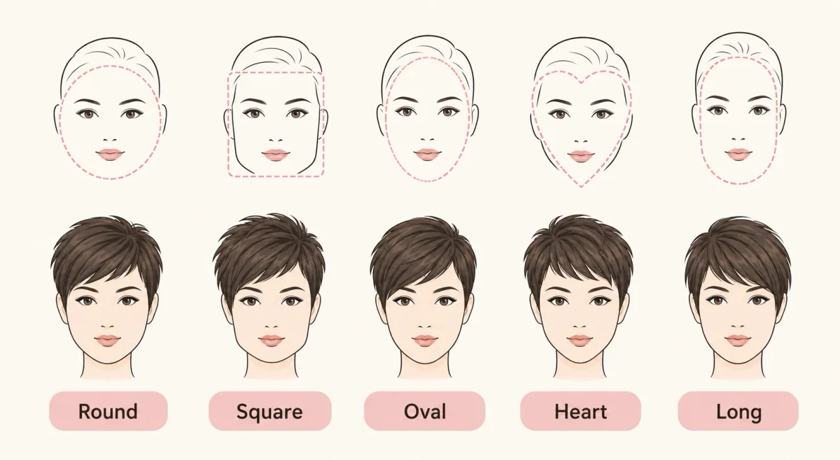 Face shape guide showing which pixie haircut style suits round, square, oval, heart, and long face shapes