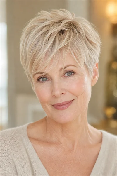 12 Flattering Short Haircuts With Bangs for Women Over 50 8 Pixie cut with feathered bangs for fine hair on mature woman
