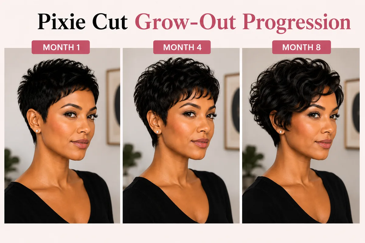 Pixie Cut vs Short Bob: Which Is Right for You? 7 Pixie cut grow-out progression collage showing the hairstyle at Month 1, Month 4, and Month 8 with styling tips at each stage