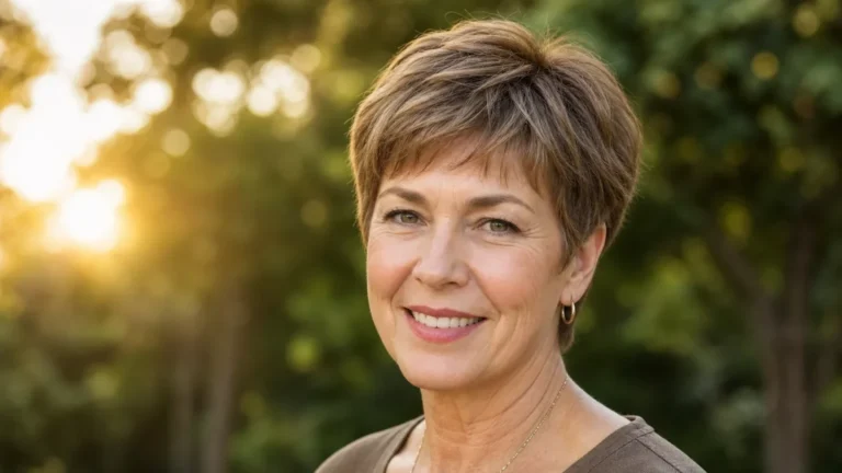 Mature woman with a flattering pixie haircut smiling confidently outdoors in natural daylight
