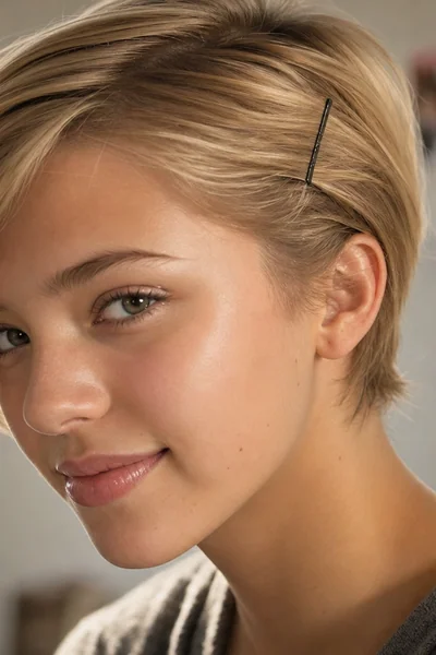 Easy pixie hairstyle with side-swept bangs pinned back — quick school hairstyle idea