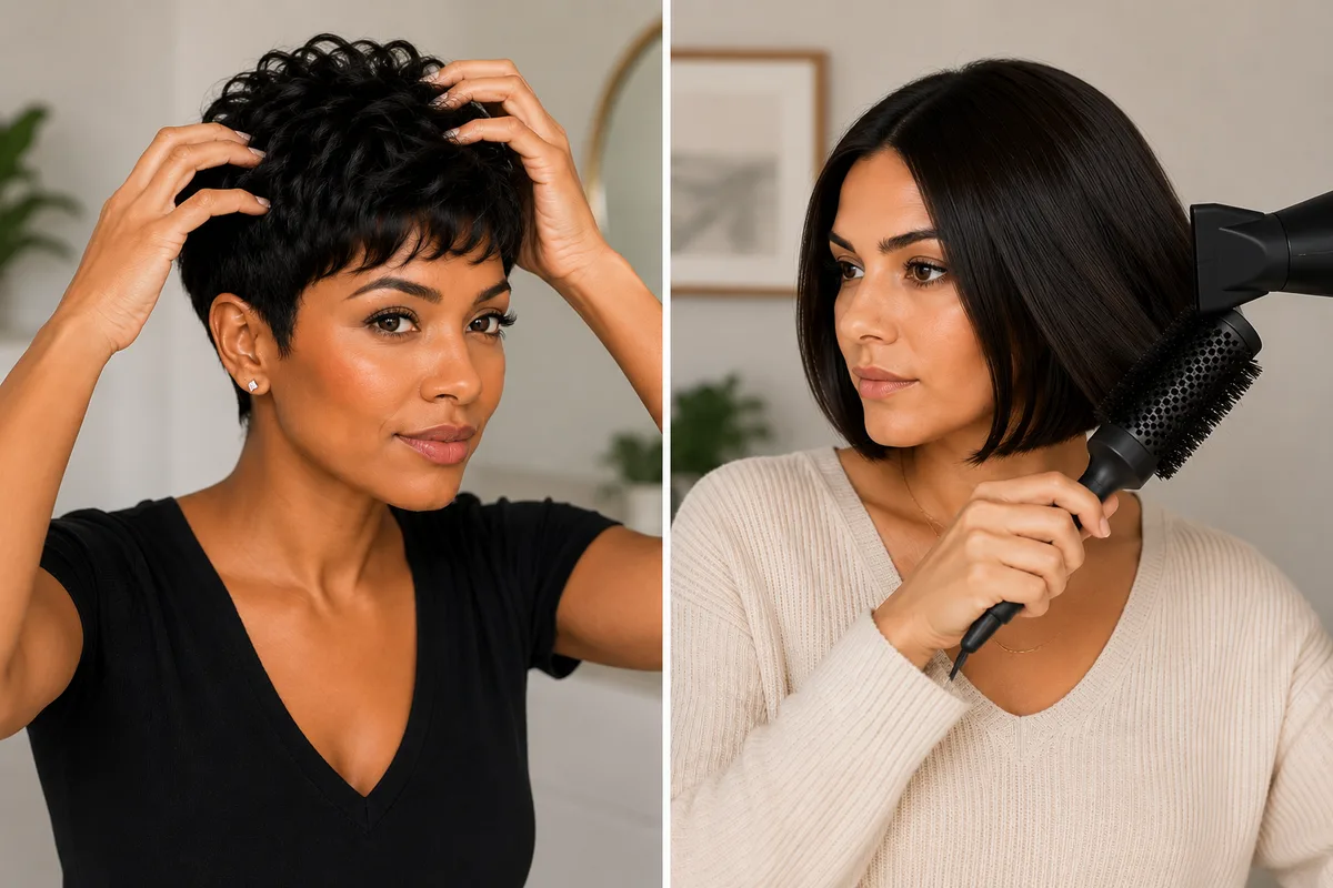 Pixie Cut vs Short Bob: Which Is Right for You? 6 Split image showing a woman styling a pixie cut quickly with her fingers on the left and a woman blow-drying a short bob with a round brush on the right, comparing daily styling time for both cuts