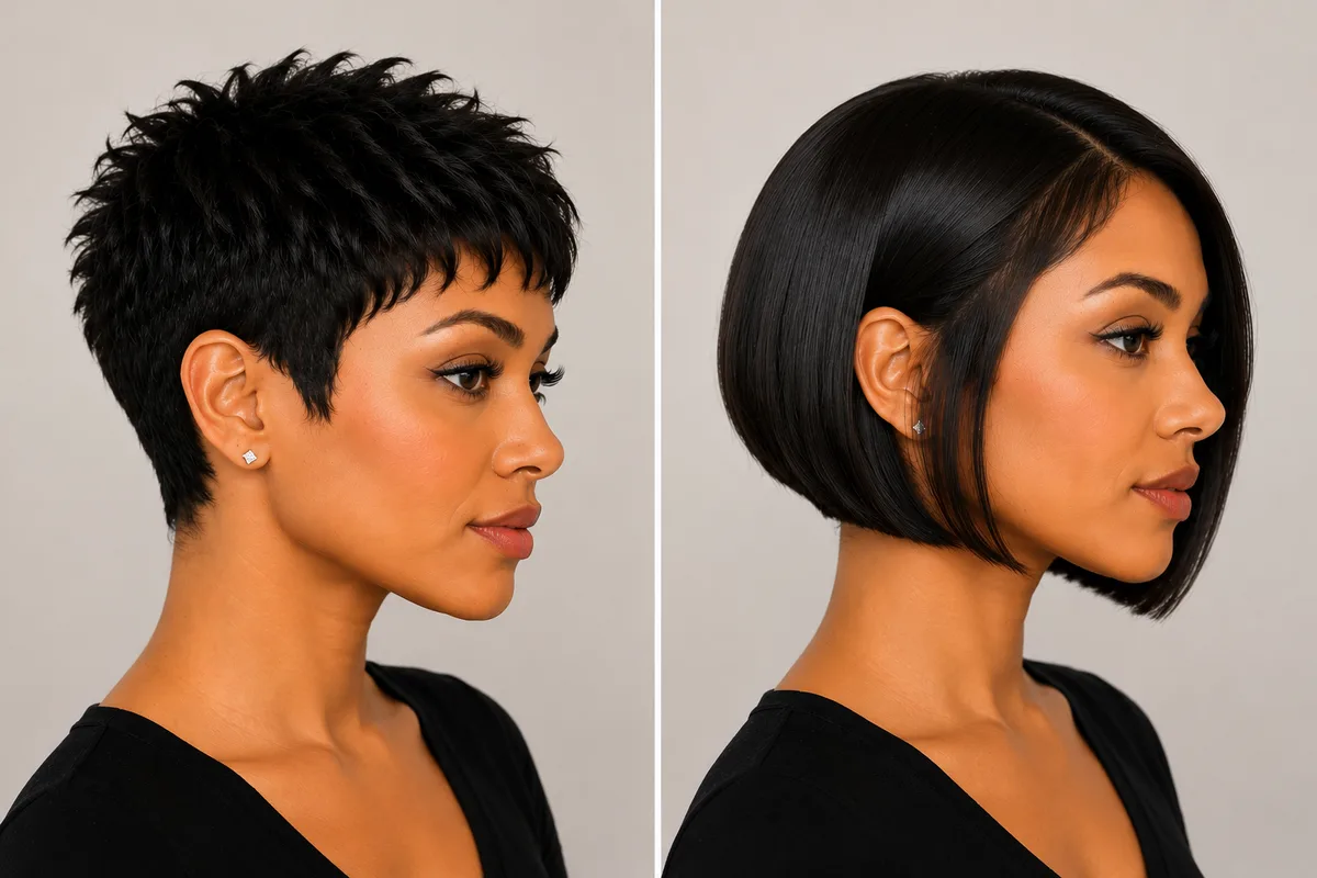 Pixie Cut vs Short Bob: Which Is Right for You? 3 Side-by-side detail comparison of a textured pixie cut with tapered sides on the left and a blunt short bob at jaw length on the right, both on women with similar face shapes