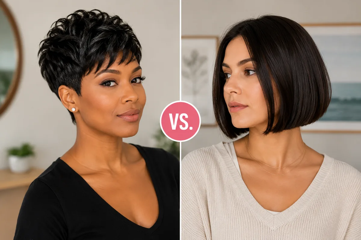 Pixie Cut vs Short Bob: Which Is Right for You? 2 Pixie cut vs short bob side by side comparison on two women with different face shapes, classic textured pixie on the left, blunt chin-length bob on the right