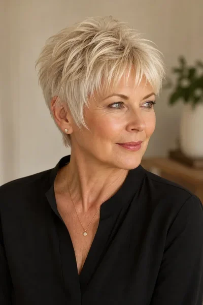 Short pixie haircut with wispy point-cut fringe for fine delicate hair