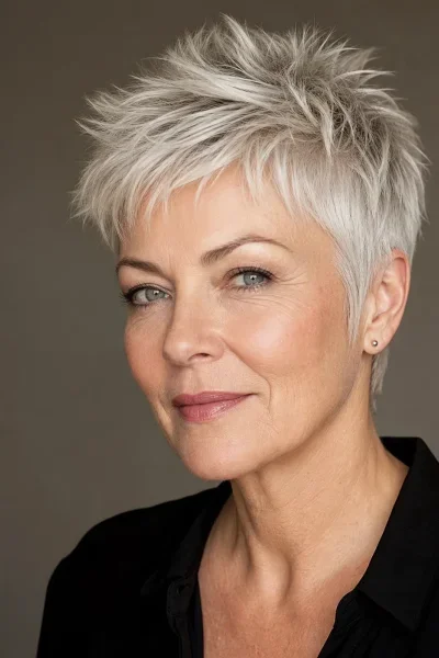 Platinum silver pixie haircut with choppy textured ends — dimensional styling for light gray hair