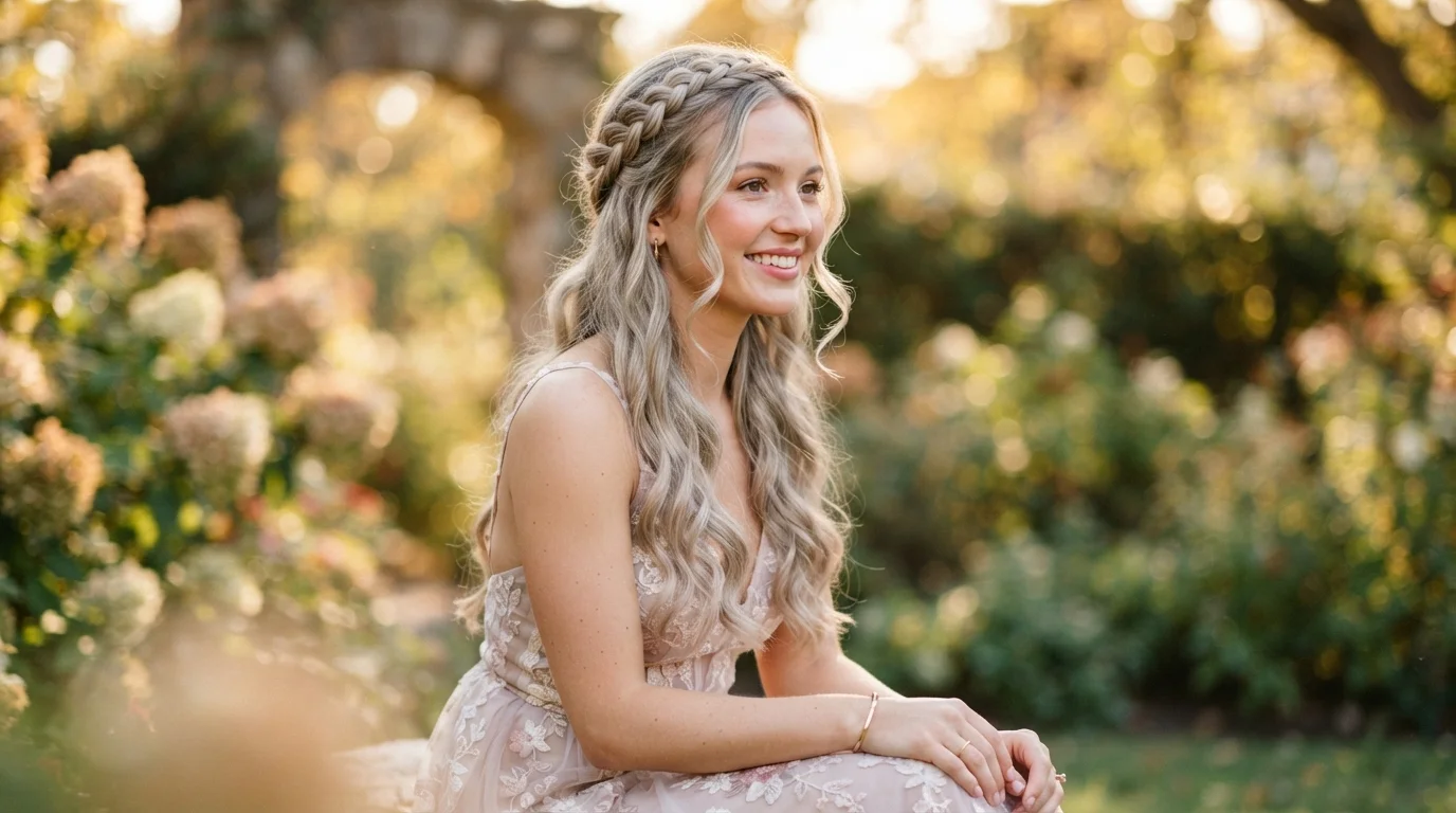Braided Updo Hairstyles for Prom and Formal Events: 11 Styles That Last All Night 4 Half-up braided halo hairstyle for prom with soft curls left down
