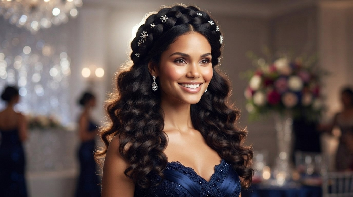 Prom halo braid with loose curls and rhinestone pins for elegant evening hairstyle