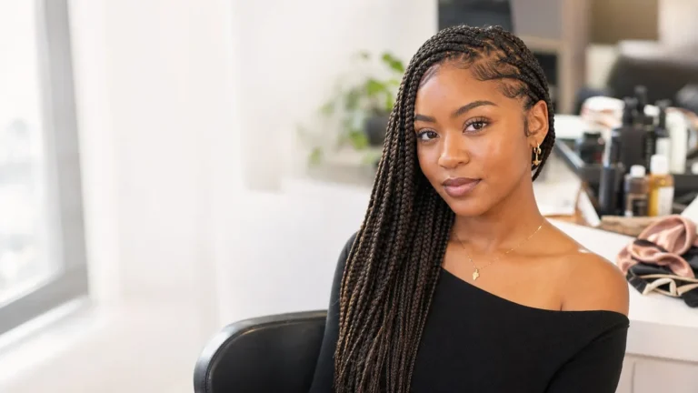 Black woman wearing knotless box braids, a protective hairstyle for natural hair