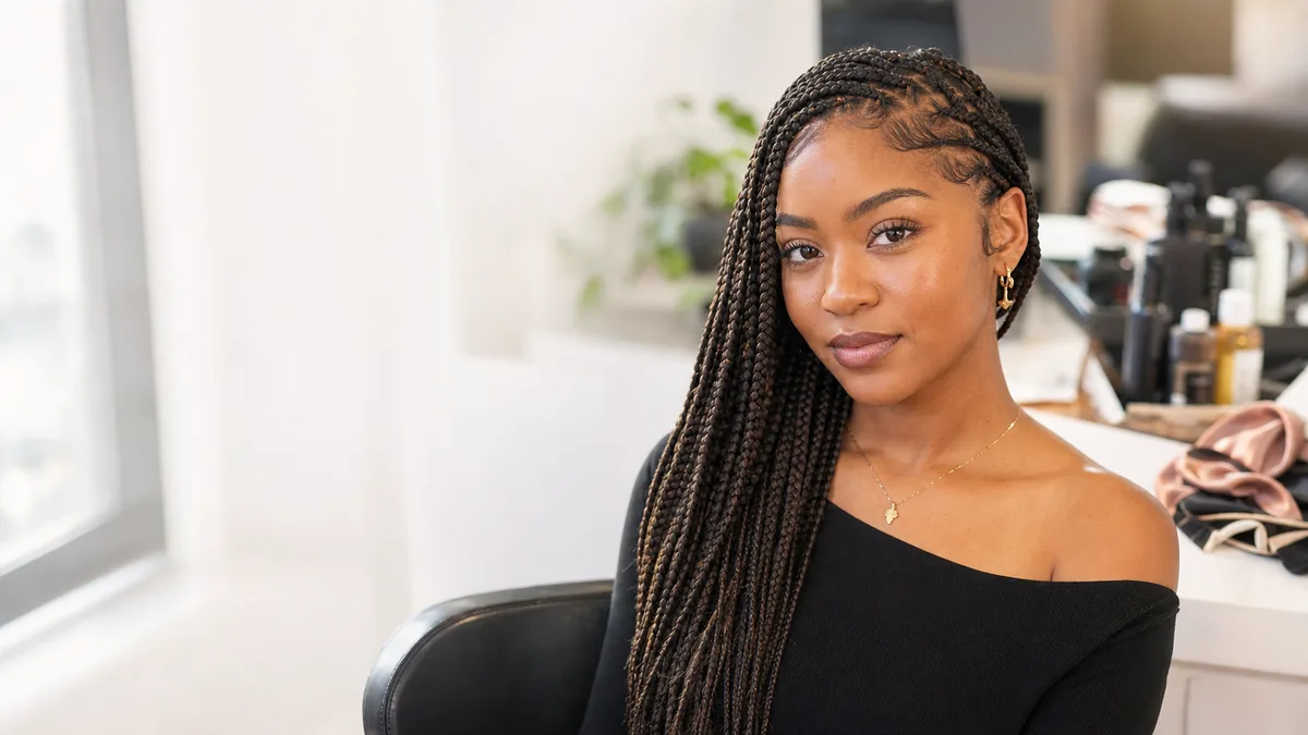 15 Protective Hairstyles for Natural Hair That Promote Growth 2 Woman wearing knotless box braids, one of the most popular protective hairstyles for natural hair, smiling in natural light