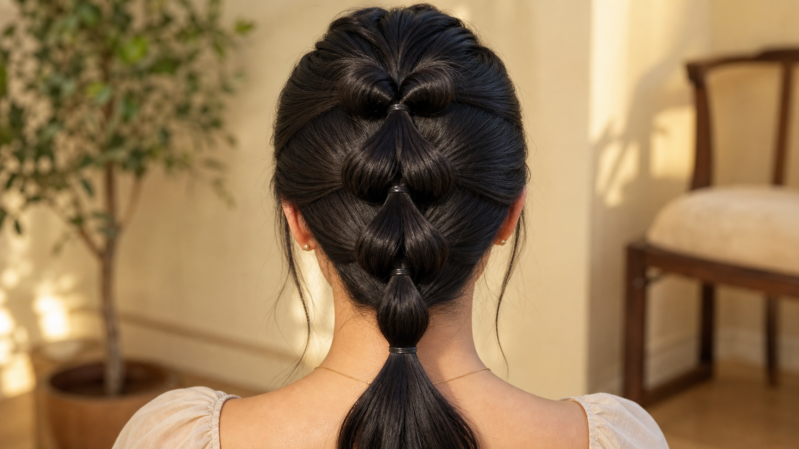 Pull-through braid on thick hair showing ponytail section pattern — easiest beginner technique