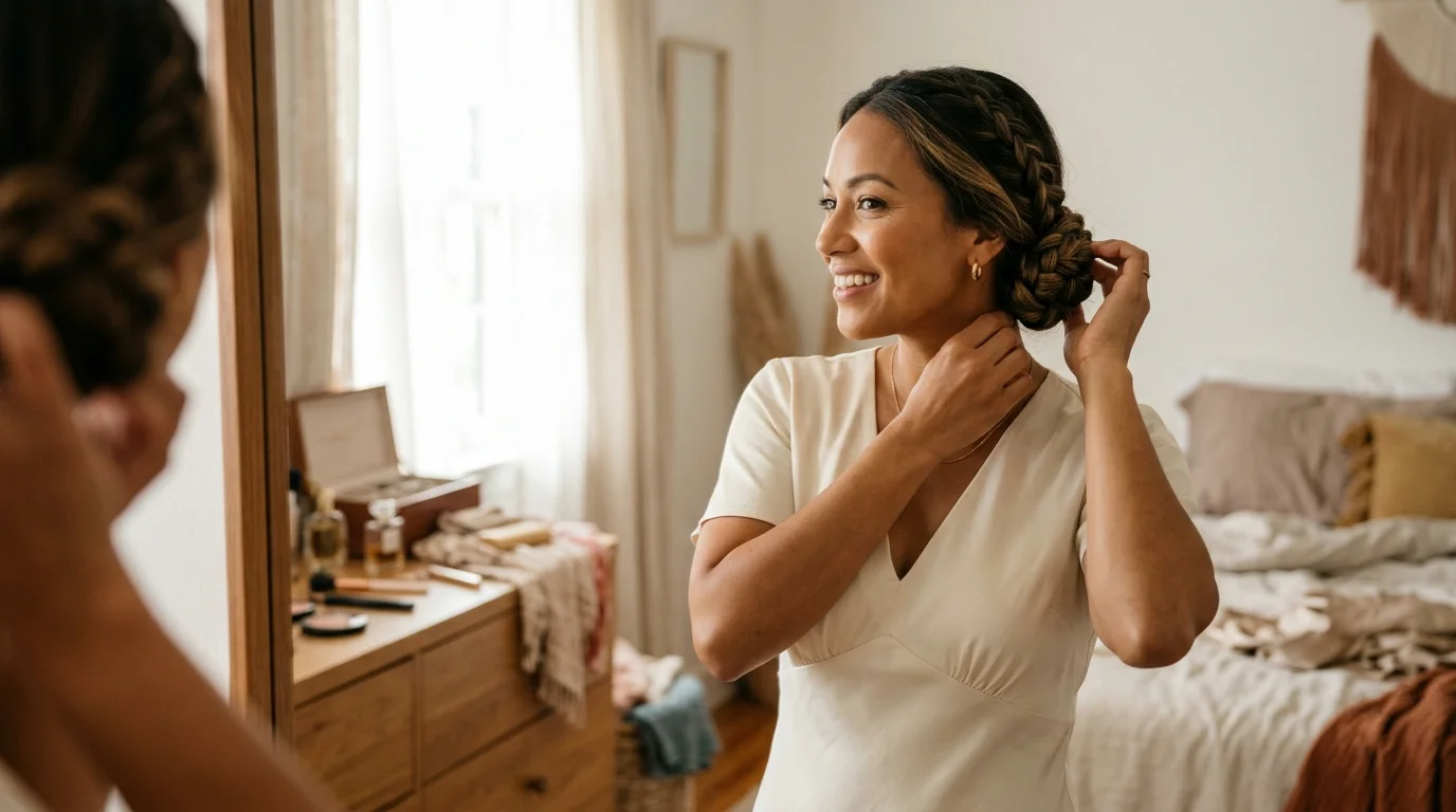 Quick 15-minute braided bun hairstyle for a wedding guest, easy at-home style