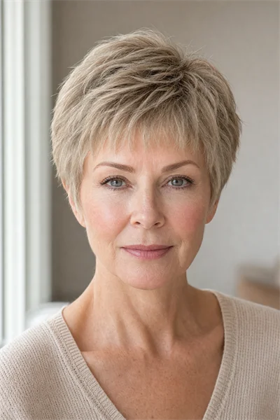 razored pixie with micro-fringe for very fine hair — gradual razoring avoids see-through look