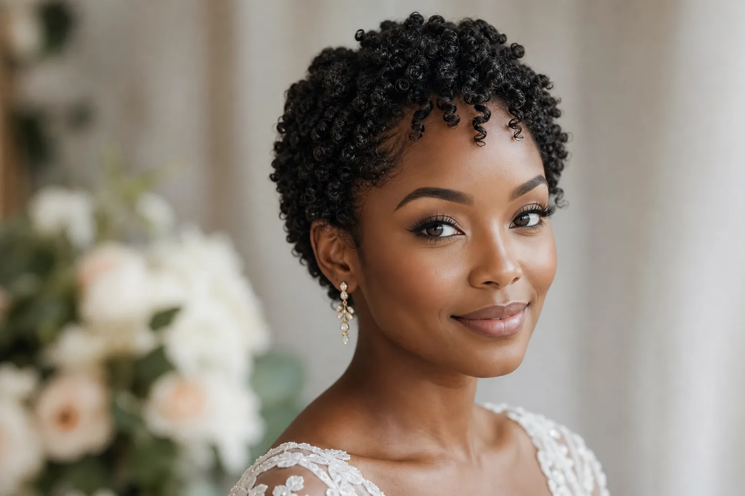 Tight ringlet curls for natural texture wedding hairstyle for short hair, natural curl pattern, defined style