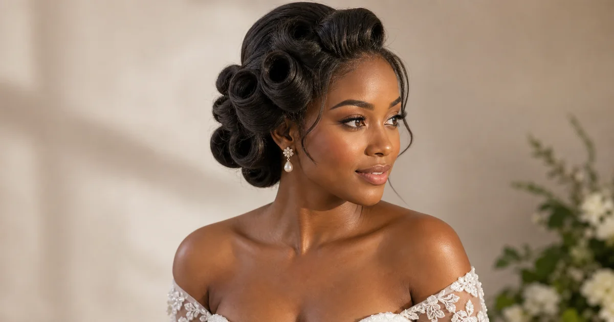 rolled wedding updo for shoulder-length hair