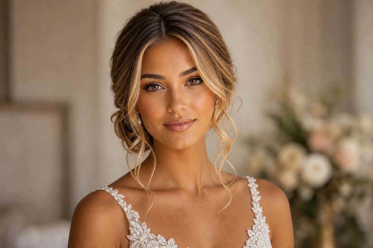 Romantic low bun with loose tendrils bridal hairstyle