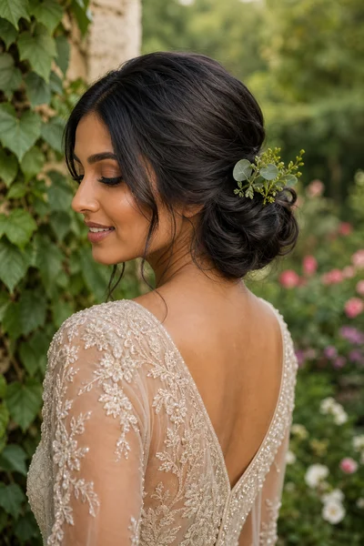 16 Rustic Wedding Hairstyles for Every Hair Length 18 Woman with elegant low chignon adorned with greenery, romantic garden with ivy and wildflowers