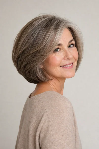 Rounded bob with graduated back section on thick hair — flattering short haircut for mature women