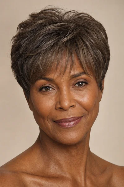 12 Flattering Short Haircuts With Bangs for Women Over 50 3 Woman over 50 with rounded pixie cut and wispy bangs in studio lighting