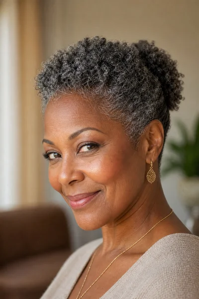 35 Short Haircuts for Black Women Over 50 That Look Stunning in 2026 29 Salt-and-pepper Afro puff crop for Black women over 50 — 4c coils, washable but gatherable into small puff